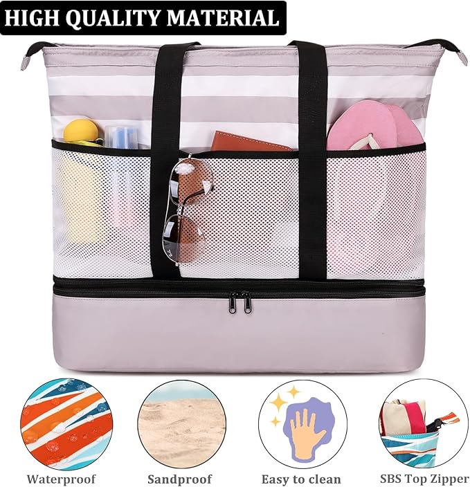 JIANYA Beach Bag Women Waterproof Sandproof Beach Tote Bags with Cooler Top Zipper Large Totes for Pool Travel Daily