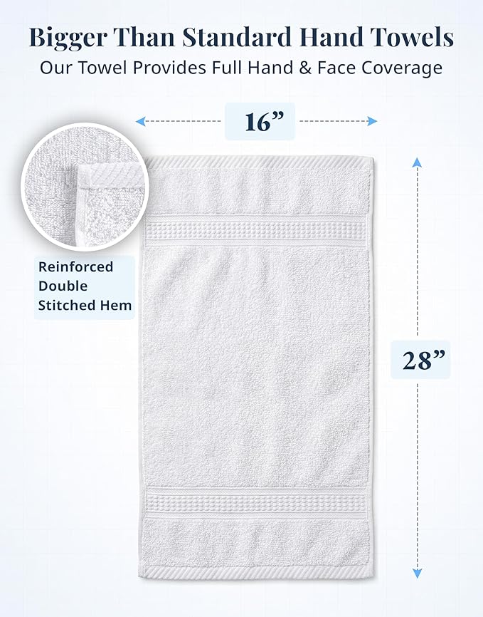 White Hand Towels for Bathroom - Pack of 4 (16"x28") 100% Cotton Hand & Face Towels - Soft, Durable, Quick Dry & Highly Absorbent, Fingertip Towel for Bathroom - Great for Gym, Salon, Spa & Family Use