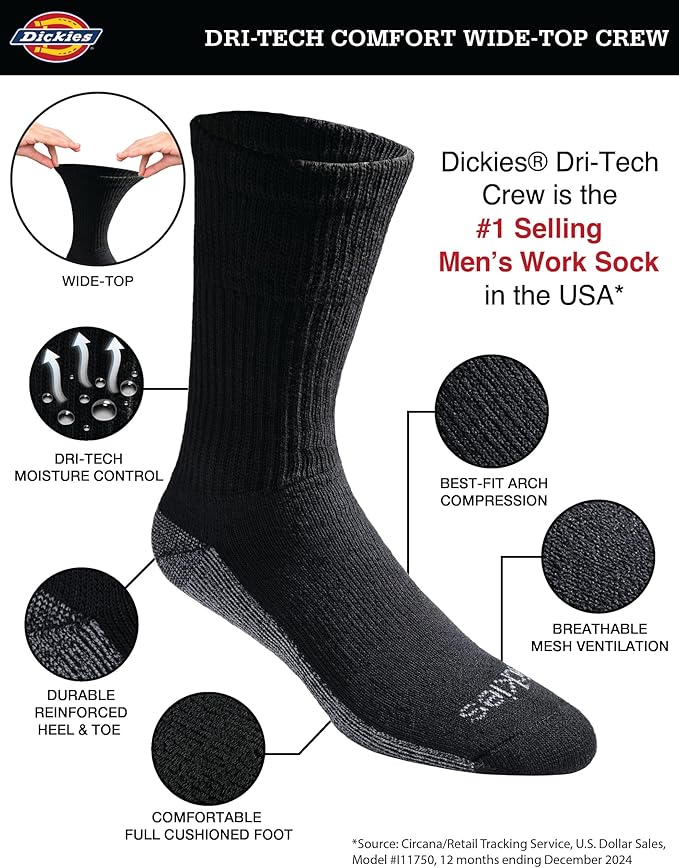 Dickies Men's Dri-Tech Original Moisture Control Crew Socks, Available in M-XXL (6, 12, 18 Pairs)