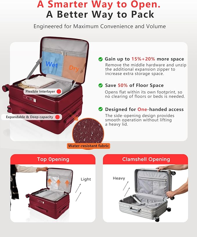 Expandable 20Inch Carry On Luggage Airline Approved - Top Opening Hardside Travel Suitcase Unbreakable -with Cup Holder,USB Charge,Side Pothook, 360°Spinner Wheels, TSA Lock-Wine Red