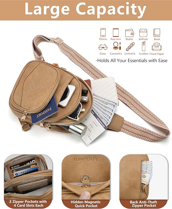 Anti Theft Crossbody Bags for Women, RFID Vegan Leather Sling Purse, Travel Chest Bag & Fanny Pack