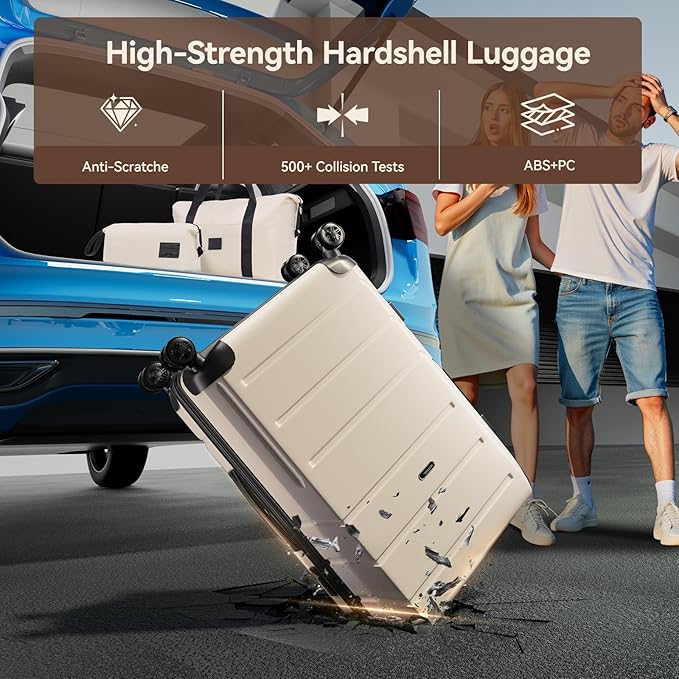 Hoteel Luggage Sets 3 Piece Expandable (4-YEARS WARRANTY) ABS+PC Hardshell Carry On Luggage Airline, Carry on Suitcase with Spinner Wheels & TSA Lock for Travel, Business, Beige (20in/DB/TB)