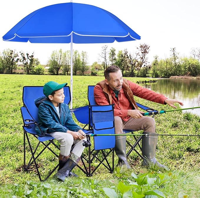 KOTEK Double Camping Chair, Folding Camp Chair with Removable Umbrella, Cup Holders, Cooler Bag, Side Pocket & Carry Bag, 2-Person Beach Chair for Outdoor, Sports, Concerts, Travel, Picnic (Blue)