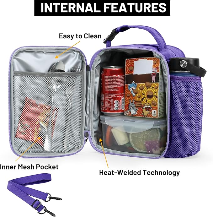MIER Expandable Lunch Bag Insulated Lunch Box for Men to Work Travel Portable Lunchbox Bags with Shoulder Strap and Water Bottle Holder，Light Purple