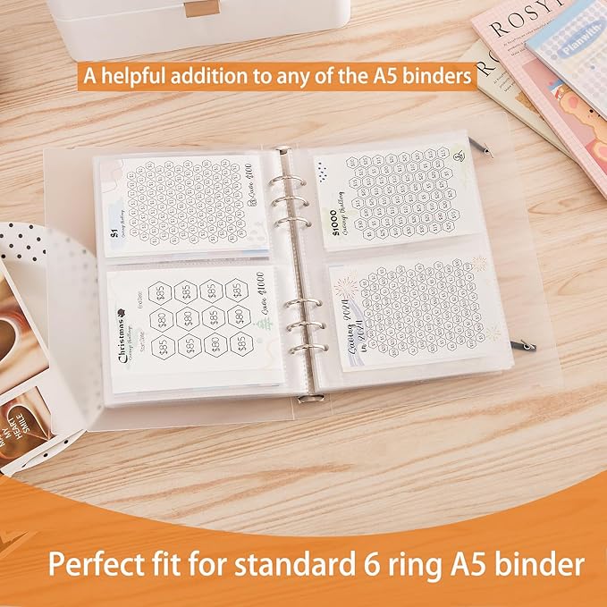 30pcs Pocket Sleeves for A5 6 Ring Binder, 2-Pocket Double-Sided Sheets Inserts Refill Pages for Kpop photocard, Savings Challenges, Sticker Collecting Album Binder (90 Micron Thickness per Layer)