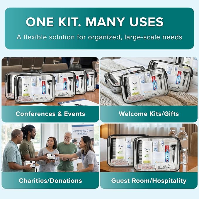 Trektote 10 Piece Travel Hygiene Kit with Toiletries & Dental Essentials, TSA-Compliant, Clear Cosmetic Bag, Single or Bulk Packs