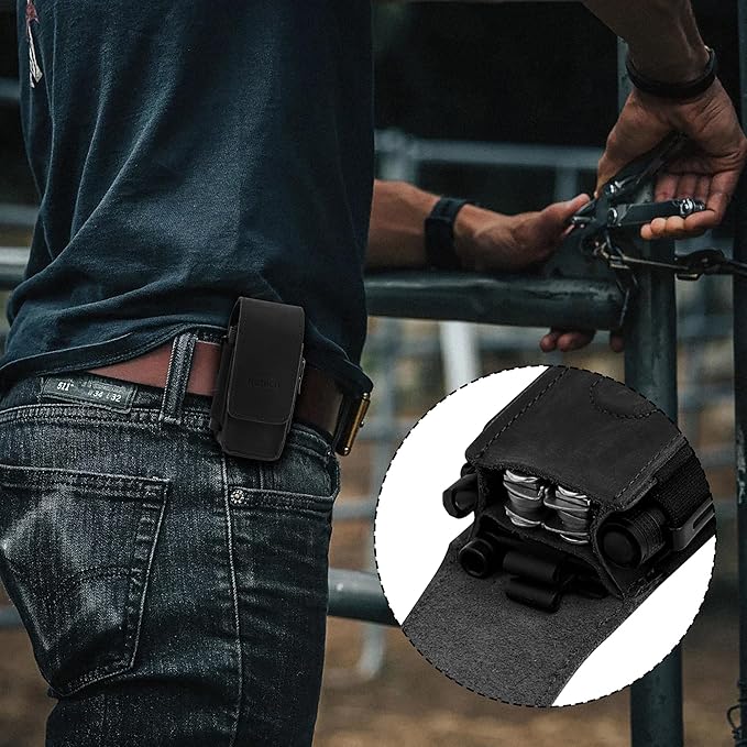 Leather EDC Multitool Sheath with Flip Closure | Leather EDC Belt Organizer | Flashlight Holster | Heavy Duty Multitool Organizer