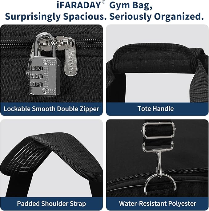 iFARADAY 52L Men's Gym Bag with Shoe Compartment - 24 inch Duffle Bag for Travel, Sports, Fitness & Workout (Black)
