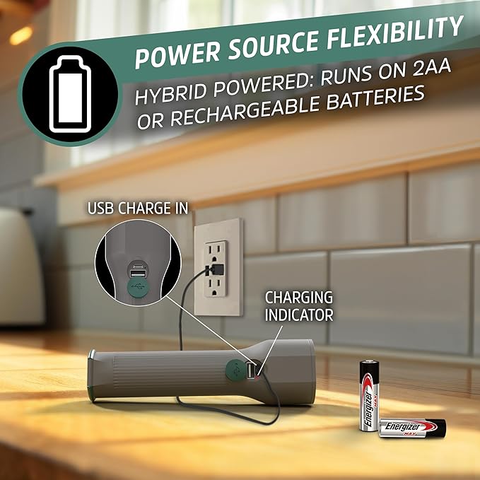 Energizer S-600 LED Flashlight Rechargeable Solar and AA Battery Power Options, Super Bright IPX4 Water Resistant Flashlights High Lumens for Emergencies, Outdoors, DIY