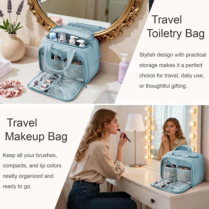 Travel Toiletry Bag for Women, Lightweight Large Quilted Puffy Makeup Bag Wide-open Make up Organizer Cloud Cosmetic Bag w/Handle for Traveling Toiletries Essentials Accessories Light Blue