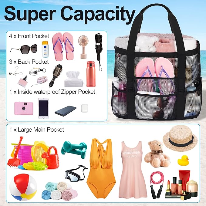 Mesh Beach Bags for Women - Family Beach Tote Bag for Toys, Towels, Travel Vacation Cruise Essentials