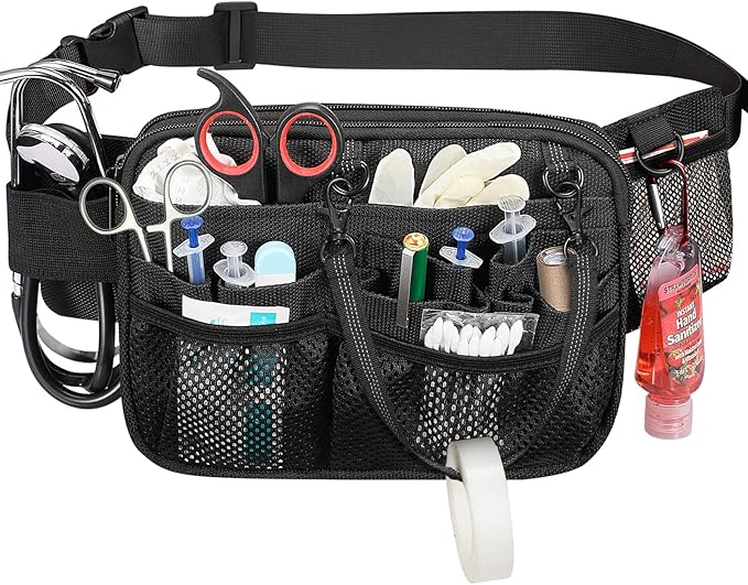 SITHON Nurse Fanny Pack with Tape Holder, Multi Compartment Medical Gear Pocket Nursing Organizer Belt Bag, Apron Hip Bag Utility Waist Pack for Stethoscopes Bandage Scissors Medical Supplies (Black)