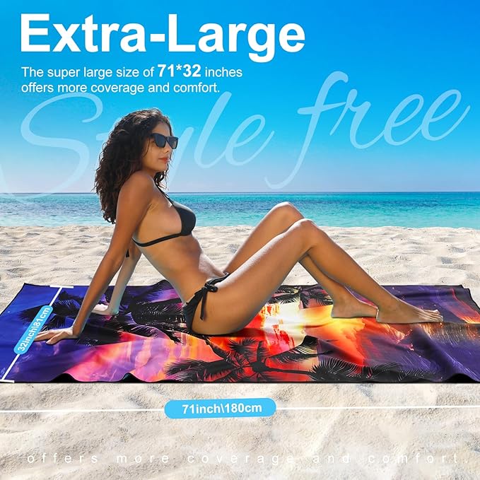 2 Packs Lightweight Thin Microfiber Beach Towel Oversized Quick Dry Compact Sandproof Clearance Towels Sand Free Swimming Pool Easy Pack Travel Accessories Essentials Women AdultsSunset Coconut Tree