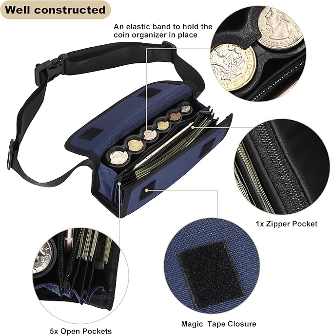 BSTKEY US Coin Holder Coin Dispenser, Fanny Pack with Banknote Waiters Purse Coin Sorter Coin Organizer, Coin Storage Bag with Belt for Waitress Server Collector Cashier Change （Navy）