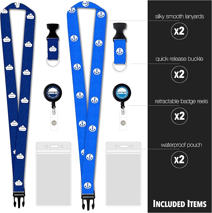Cruise On Cruise Lanyard for Ship Cards – 2-Pack Retractable Badge & Waterproof Key Card Holder for Ship Cards – Cruise Essentials 2026-2027, Perfect for Travel & Vacation (Blue Ship & Royal)