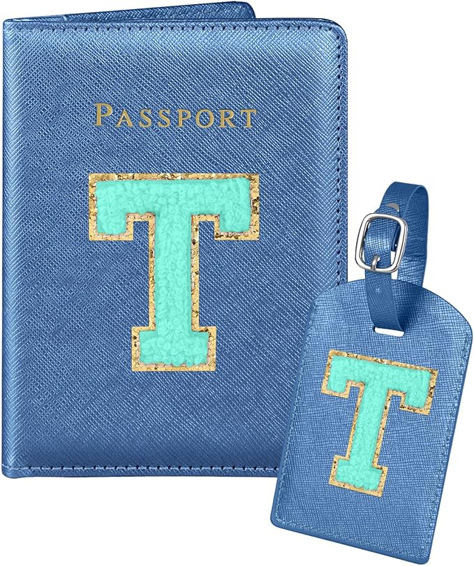 Slohif Passport Holder Initial Lugguage Tag Set Suitcase Cover Wallet Case for Travel Women - Leather Letter Passport Book Personalized Organizer Card Protector Sleeve Essentials Slim Carrier Blue T