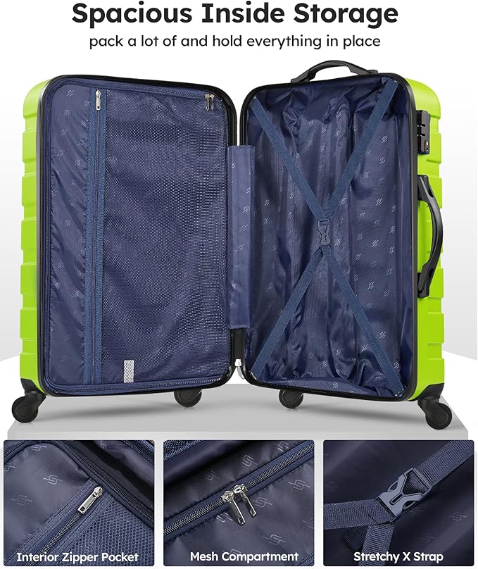Suitour Luggage 3 Piece Sets Hard Shell Luggage Set with Spinner Wheels, TSA Lock, 20 24 28 inch Travel Suitcase Sets, Lime Green