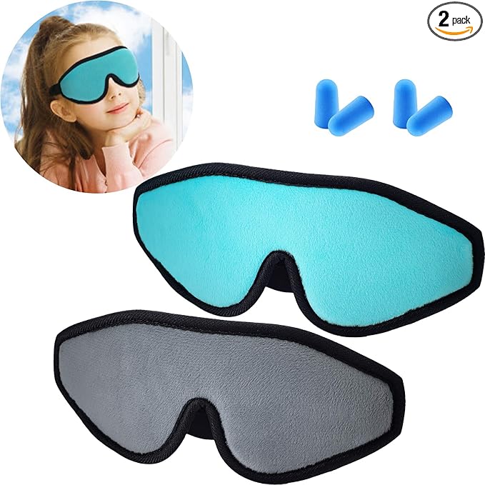2 Pieces 3D Sleep Mask for Kids Memory Foam Contoured Eye Mask, Travel Sleep Eye Cover with Adjustable Strap, 3D Blindfolds(Gray and Green)