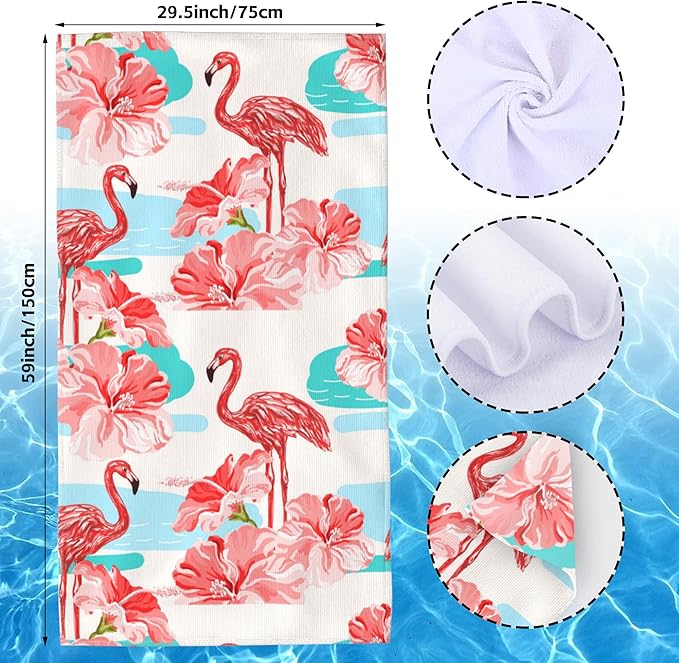 Hibiscus Beach Towel,Tropical Flamingo and Red Hibiscus Lightweight Compact Sand Free Quick Dry Oversized Pool Swimming Towels for Girls Women Adults,29.5"×59"