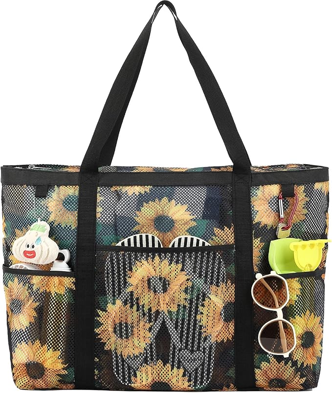 Mesh Beach Bag with Zipper, Large Beach Tote for Women, Toys Pool Swim Bag Travel Vacation Cruise Essentials