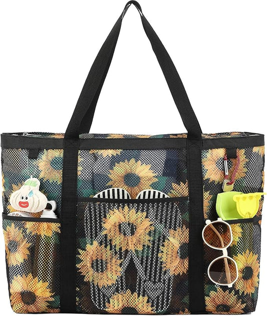 Mesh Beach Bag with Zipper, Large Beach Tote for Women, Toys Pool Swim Bag Travel Vacation Cruise Essentials