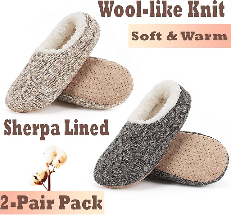 Cozylook 2-Pair Women's Soft Sole Slipper Socks with Grippers, Thick Warm Cozy Sherpa Lined Home Socks Set, Cable Knitted Non-slip Fluffy Winter House Bedroom Slippers