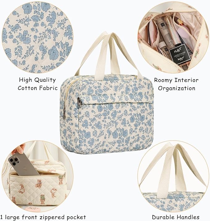 uekeboag Large Size Quilted Coquette Makeup Bag, Cute Preppy Floral Cotton Travel Cosmetic Organizer Bag with Top Handle, Multi-Layer Travel Toiletry Pouch (01Lightblue Flower)