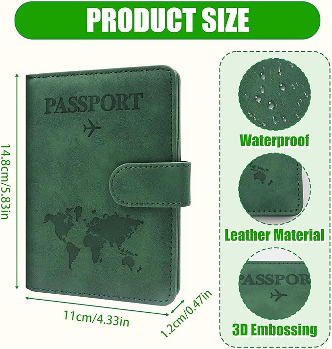 2 Colors Leather Passport Holder for Travel, RFID Blocking Passport Covers with Card and Boarding Pass Slot, Travel Document Holder Essentials for Men, Women (Brown, Dark Green)