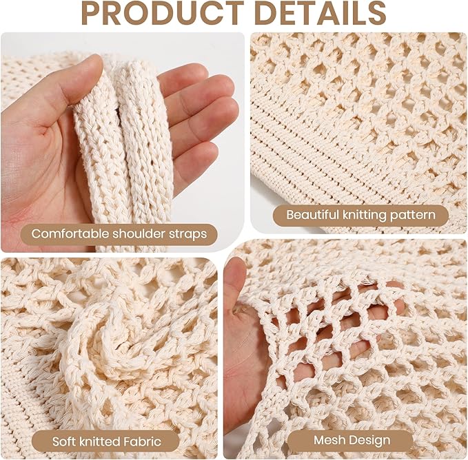 SUOSDEY Crochet Mesh Beach Tote Bag, Knit Summer Vacation Aesthetic Boho Tote Bag for Women