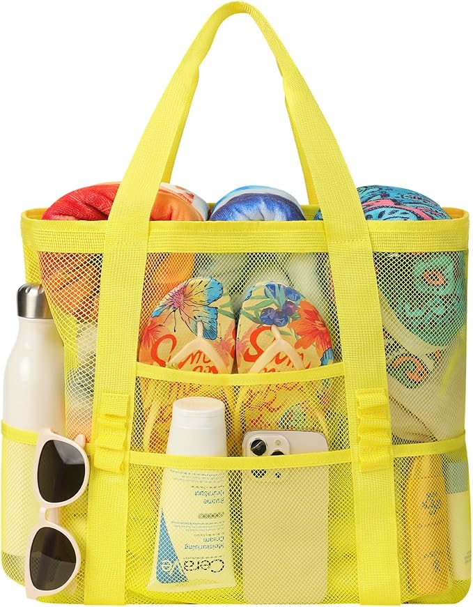 Beach Bag - Mesh Beach Bag Large 8 Pockets, Beach Tote Bag Beach Essentials for Vacation Must Haves