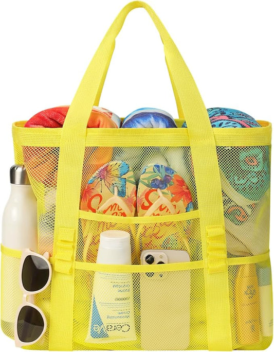 Beach Bag - Mesh Beach Bag Large 8 Pockets, Beach Tote Bag Beach Essentials for Vacation Must Haves