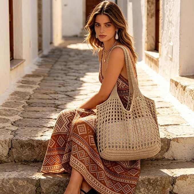 ENBEI Women Foldable Beach Tote, Washable Lightweight Beach Bag, Eco-Friendly Knit Shoulder Purse for Travel/Shopping/Gifts