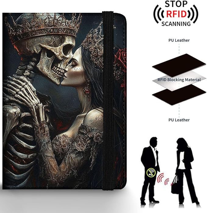 Passport Holder Wallet Cover Case,RFID Blocking Passport Cover,Large Capacity Travel Wallet with Multi Card Slots (Skeleton Couple Love Scene)