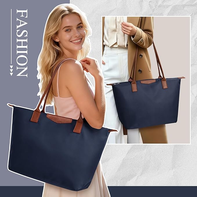 Tote Bag for Women, Nylon Top-Handle Purse with Zipper, Lightweight Foldable Shoulder Hobo Handbag