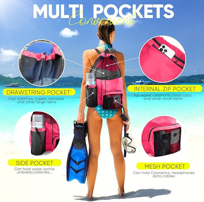 Swim Mesh Beach Bag, Waterproof Gym Bags for Women and Men, Large Pool Bag Swimming Gear Drawstring Backpack