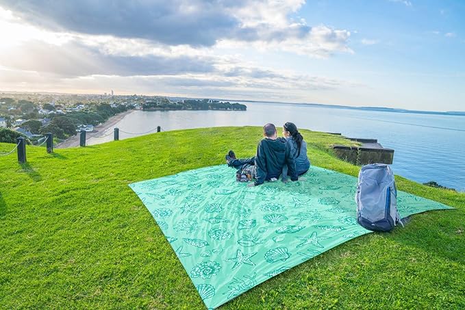 WEKAPO Beach Blanket Waterproof Sandproof Oversized, Extra Large Beach Mat Sand Free, Lightweight & Compact Sand Free Mat with 6 Stakes & 4 Corner Pockets