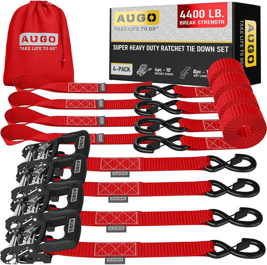 AUGO Heavy Duty Ratchet Straps & Soft Loops – Pack of 4 Extra Strong 1.5” by 10’ Ratchet Straps w/S-Hook Safety Latches & 4 Soft Loop Tie Downs – 4400Lb Break Strength for Motorcycles, ATVs, Etc.