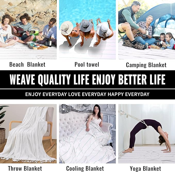 Genovega Cotton Turkish Beach Towel Pool Blanket Sandproof Fast Dry Thin Extra Large XL Compact Shelter Canopy Tent Must Haves Ship Cruise Essentials Spa Accessories Summer Vacation Item Mr Mrs Gift