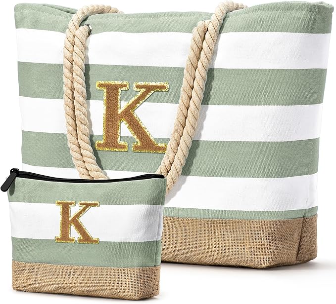 Becokan Beach Bag Initial Beach Tote with Makeup Bag for Travel Work Storage Personalized Birthday Gifts for Women Her