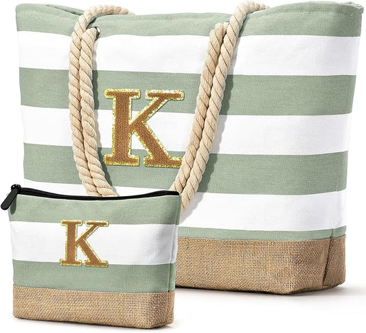 Becokan Beach Bag Initial Beach Tote with Makeup Bag for Travel Work Storage Personalized Birthday Gifts for Women Her