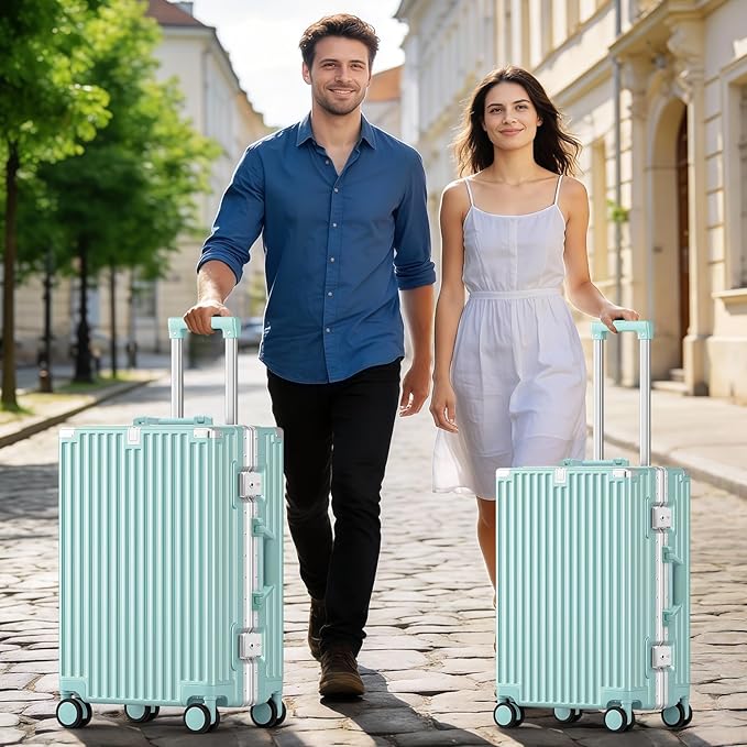20 Inch Carry On Suitcase, Aluminum Frame Zipperless Hard Shell Luggage with Spinner Wheels, TSA Lock, USB Charging Port, Phone Holder, Cup Holder for Business Travel and Trips, Mint Green