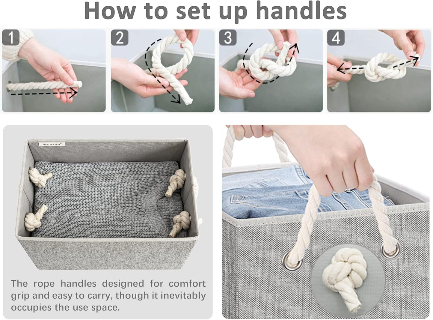 StorageWorks Storage Bins with Lids, Decorative Storage Boxes with Lid and Soft Rope Handles, Foldable Storage Baskets for Closet, Shelves, Stackable, 3-Pack, Gray, Large