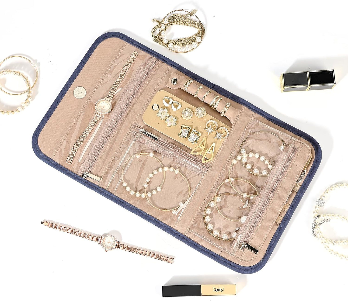 BELALIFE Travel Jewelry Case Organizer, Foldable Storage Roll for Earrings, Necklaces, Rings, Bracelets, Brooches, Blue-Gray