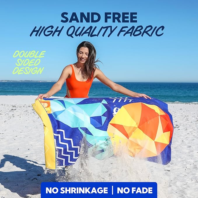 SUN NINJA Microfiber Beach Towel - Sand Free, Quick Dry, Lightweight & Compact for Beach, Pool, Yoga and Camping - 63x32 inch Super Absorbent, Large Sand Free Swim Towels for Adults and Kids