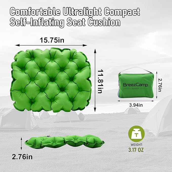 Inflatable Seat Cushion, Lightweight Stadium Seat Pad, Travel Air seat Cushion Anti-Slip for Airplane, Hiking, Climbing, Home and Camping,Green