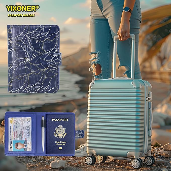 Passport Holder For Travel, RFID Blocking Passport Wallet, Passport Cover Secure & Front Pocket Money Holder For Men & Women, Travel Wallet, Golden Leaves In Blue, Advanced Version