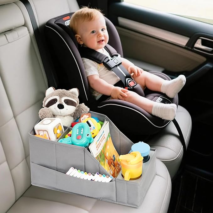 Car Seat Organizer Backseat Front Seat, Car Organizer With 12 Storage Compartments 2 Cup Holders, Snack Storage For Kids Baby, SUV Truck Van Collapsible Storage Bag For Travel, GY, 2PK