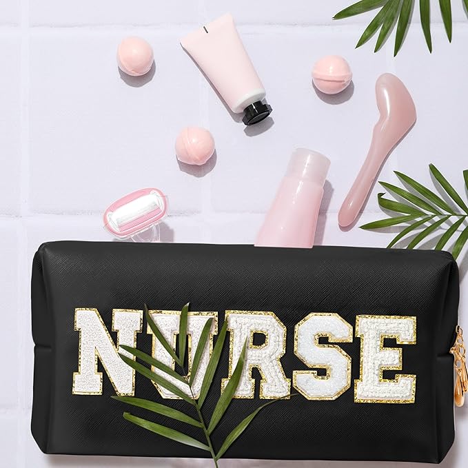CY2SIDE NURSE Letter Makeup Bag - White Chenille Letter Patch Cosmetic Bag Black PU Leather Patch Travel Pouch Waterproof Portable Zipper Travel Organizer Case Valentines Gifts for Nurse Women