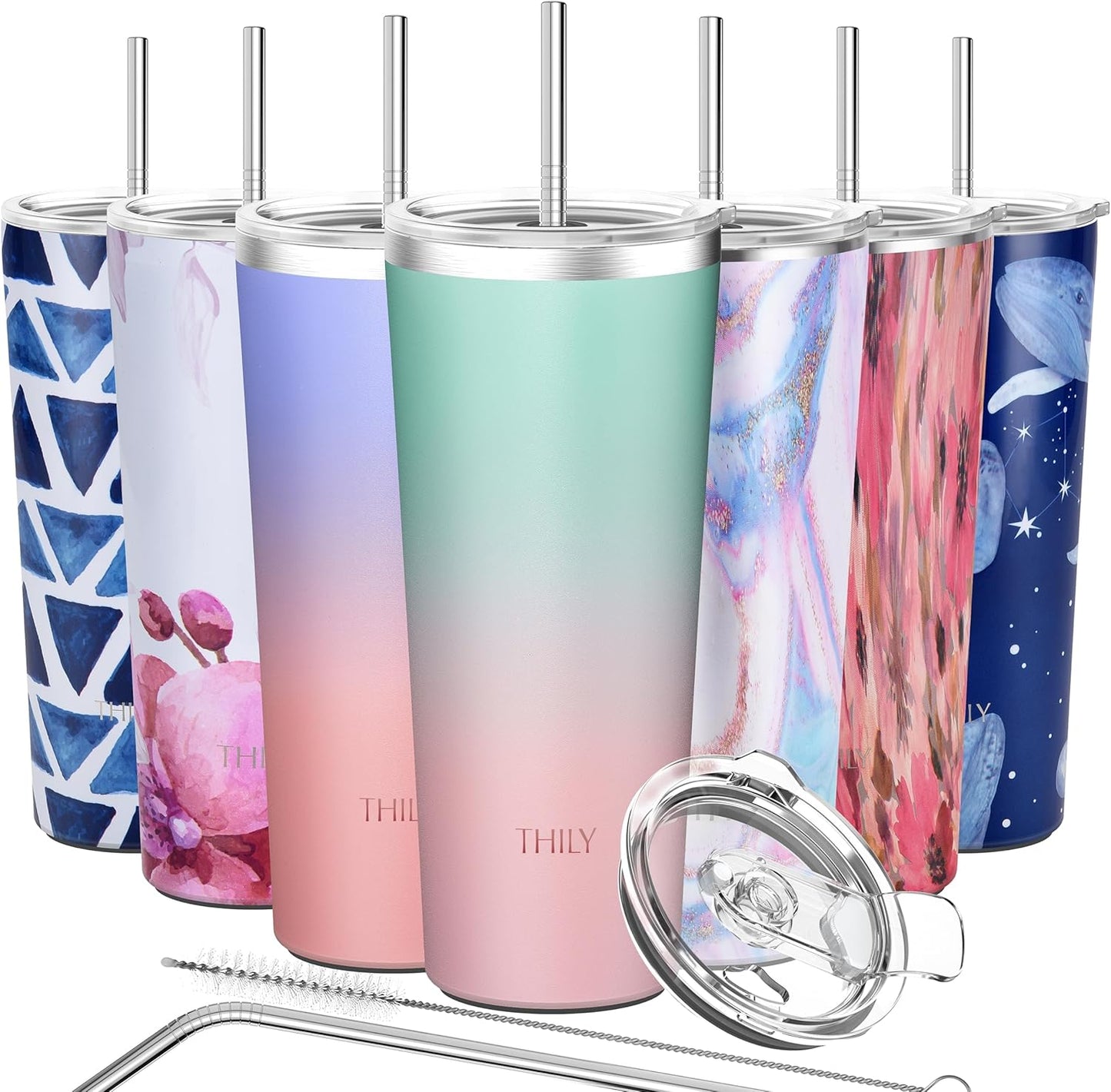 THILY Stainless Steel Vacuum Insulated Tumbler Travel Mug 26 oz Coffee Cup with 2 Lids and Straws, Splash Proof, Keep Ice Drinks Cold, Candy Pink