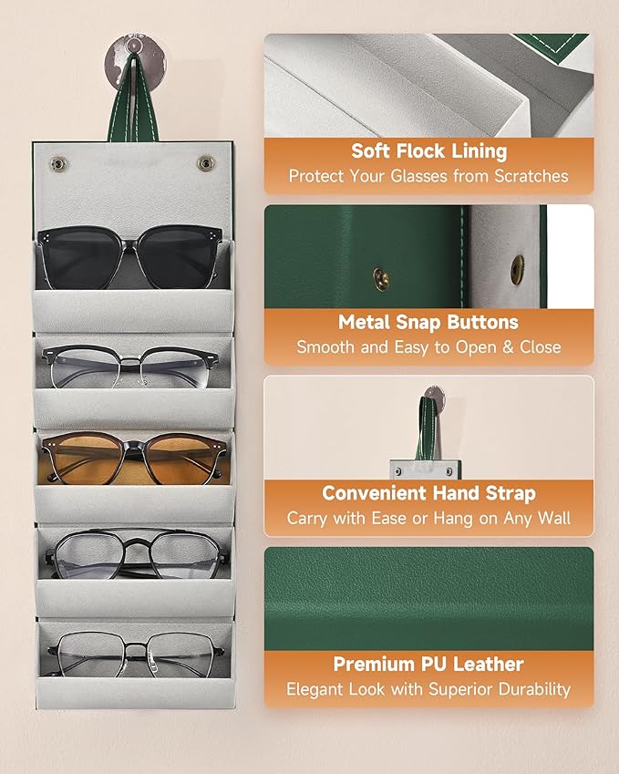 CO-Z Travel Sunglasses Organizer, Foldable Travel Sunglass Case with 5 Slots for Multiple Pairs, Portable Eyeglasses Holder